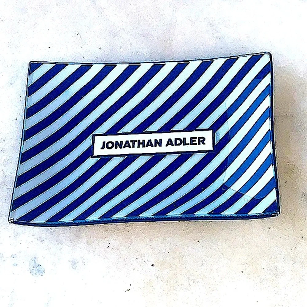JOHNATHON ADLER GLASS CATCHALL TRAY NAVY STRIPING NIB 6 BY 4